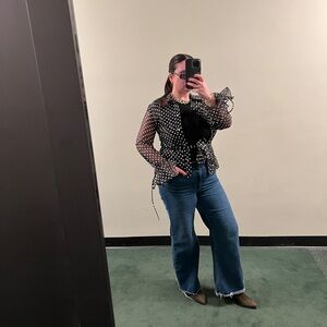 JS Boutique Black and White Sheer Polka Dot Blouse with dainty sleeves and tie